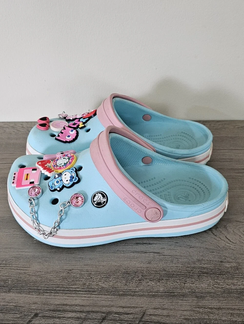 CROCS Kid Light Blue Clog Sandal Pink Trim Charms Girl J 3 Hello Kitty Minecraft